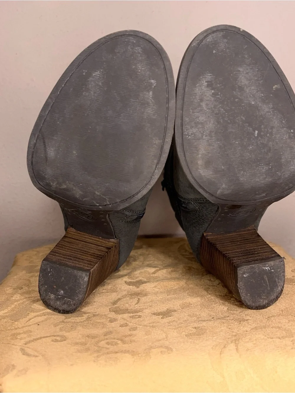 Size 6.5 Lucky Brand Latonya Block Heel Boots Leather Grey Boho Western Bohemian